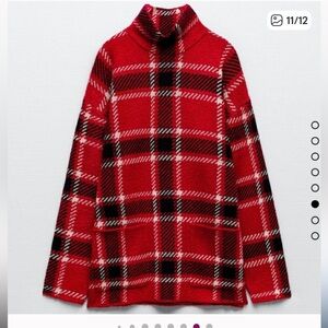 Zara Red and Black Plaid Knit Sweater with Pouch Pockets